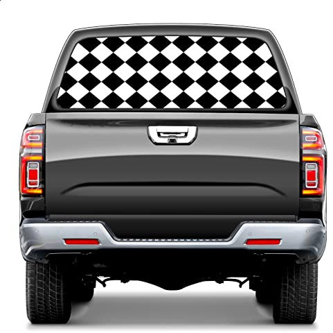 Aufkleber for die Heckscheibe eines Pickup-Trucks, Aufkleber for die Heckscheibe eines Lkw, Schwarz-Weiß-Tartan-Karo-Pickup-Autofensteraufkleber, 65 x 22 Zoll/165 x 56 cm, Aufkleber aus perforierter V