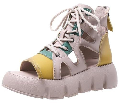 Sandalias góticas Plataforma Alta para Mujer,Sandalias cuña Cremallera Trasera con Cordones y Puntera Abierta Hueca Gladiador Sexy,Zapatos Playa Suaves y cómodos Estilo Romano,Beige,37 EU