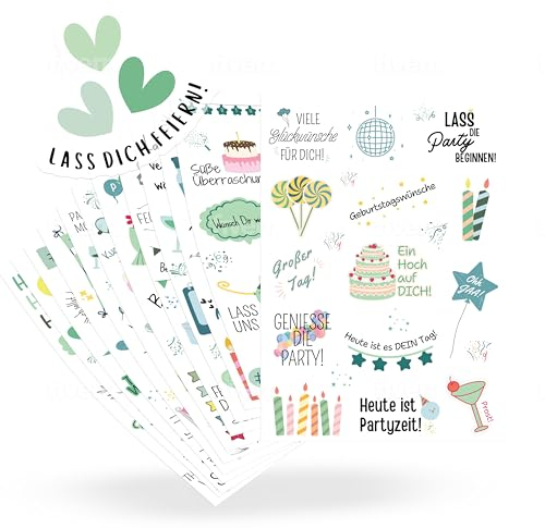 ECCK Sticker Geburtstag für Gästebuch, Fotoalbum & Geschenke (325 Stück, Grün) - Aufkleber für Geburtstagskarten & Geburtstagsgeschenke auf 14 DIN A5 Bögen - Party Geburtstagskarte Geschenk, Karten