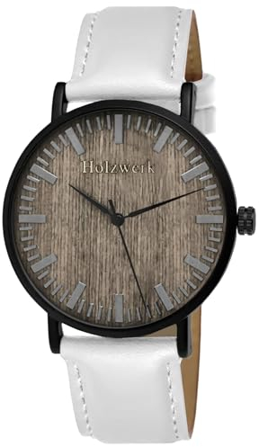 Holzwerk Germany Handgefertigte Flache Designer Unisex Herren Uhr Damen Öko Natur Holz Armband Analog Klassisch Holzuhr Quarz Braun Schwarz Leder-Armband (Weiß)