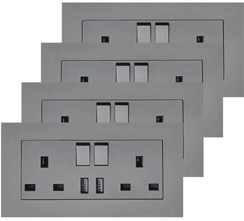 4 Pack Electrical Double Switched Power Socket, 3-pin 13A 2 Gang Plug Screwless Wall Socket with Two 2.1A USB Fast-Charging Charger Port, PC Plate Wall Outlet(Grey)