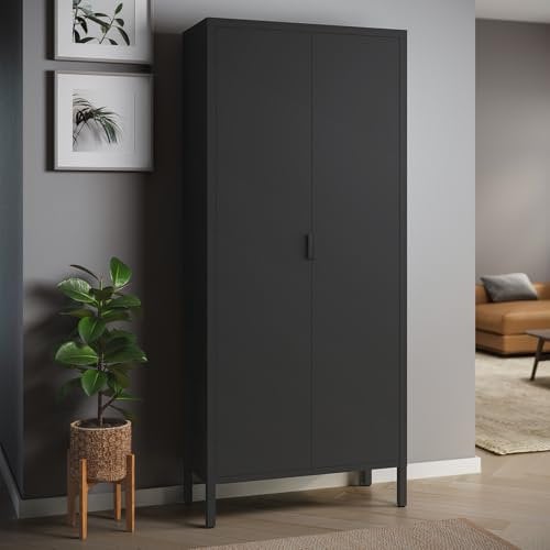 STEELSØN Metallschrank Ituri, Kleiderschrank mit 2 Kleiderstangen, Schlafzimmerschrank Metall schwarz Garderobenschrank mit 4 Ablagen 170 x 80 x 45 cm