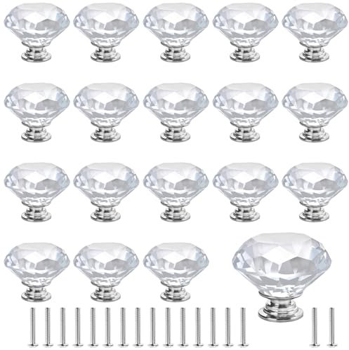 MAKTSAM Lot de 20 boutons de porte en cristal transparent de 40 mm pour armoires, tiroirs, portes