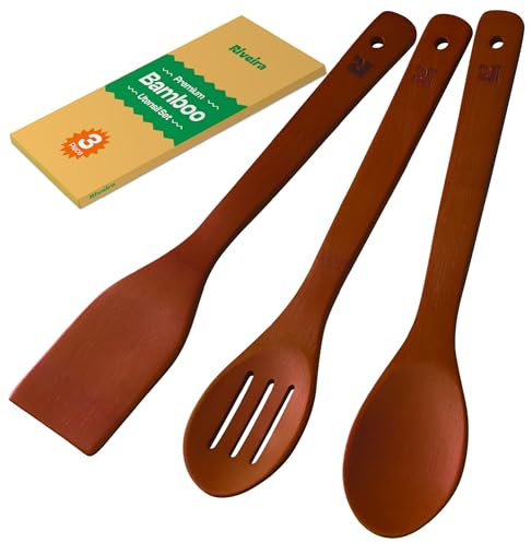 Riveira Lot de 3 cuillères en bois de bambou marron de qualité supérieure - Ustensiles de cuisine en bambou marron de qualité supérieure - Spatule en bois - Cuillère en bois de qualité supérieure pour