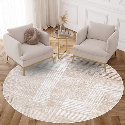 TAPISO Crystal Rund Teppich Kurzflor Glänzend Braun Creme 200 x 200 cm | Streifen Geometrisch 3D Effekt Wohnzimmer Schlafzimmer Modern Design OEKO-TEX