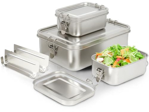 DEKELIY 3er Pack 304-Stahl-Bento-Boxen, Mit Lunchbox Edelstahl in Den Volumina 2400 ml,1400 ml und 850 ml, Leckdichte und Stapelbare Stahl-Brotdose Edelstahl Für Suppe, Salat und Restmahlzeiten