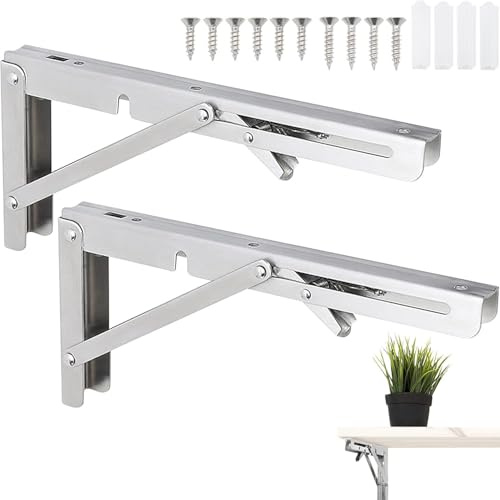 2 Pack Folding Shelf Brackets 8Inch Heavy Duty Collapsible Shelf Bracket Wall Mounted,Metal Foldable L Right Angle Shelves Supporter Triangle Brackets for Bench Table Shelf, Max Load 88lb