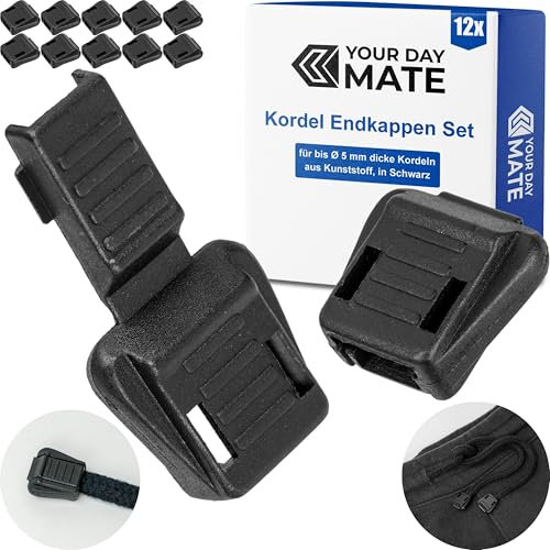Kordel Endkappen, 12 Stück, für bis Ø 5 mm Bänder, Design 3, Schwarz, Kunststoff, Verschlusskappen für Kordelende von Rucksack, Pullover, Jacke, Outdoor Bekleidung, Seilklemme Endstück Kappe Paracord