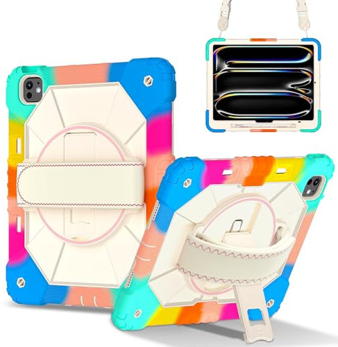 Custodia antiurto resistente per bambini per iPad Pro 13 pollici M4 (2024), custodia protettiva a 3 strati W 360 ° girevole maniglia stand + tracolla, colorato blu