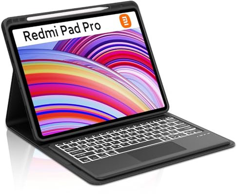 Occtingkind Funda de teclado premium para Redmi Pad Pro 12.1 2024 y Poco Pad 12.1, teclado Bluetooth desmontable con 7 colores LED + trackpad multitáctil, teclado QWERTZ Bluetooth, USB-C - Negro