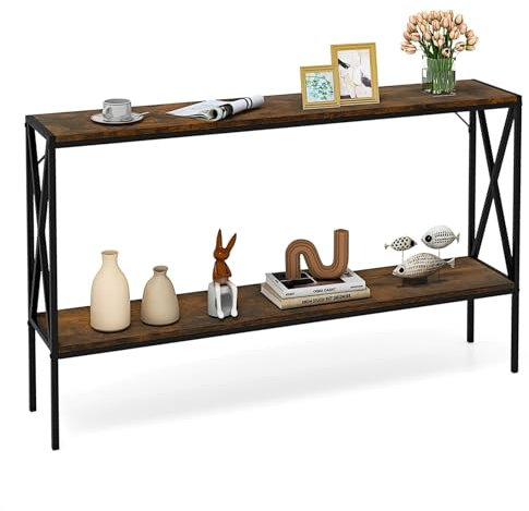 LIFEZEAL Tavolo consolle a 2 ripiani, stretto ingresso con ripiano, tavolo da corridoio a forma di X con telaio in metallo, tavolino per ingresso, soggiorno e corridoio, 120 x 23 x 74 cm (vintage