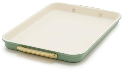 GreenPan Bakeware 13 x 9 Quarter Sheet Pan, Ceramic Nonstick Baking Pan, PFAS & BPA Free, Gold Handles, Durable Steel, Versatile & Space Saving Ovenware, Freezer to Oven Dish, Sage Green