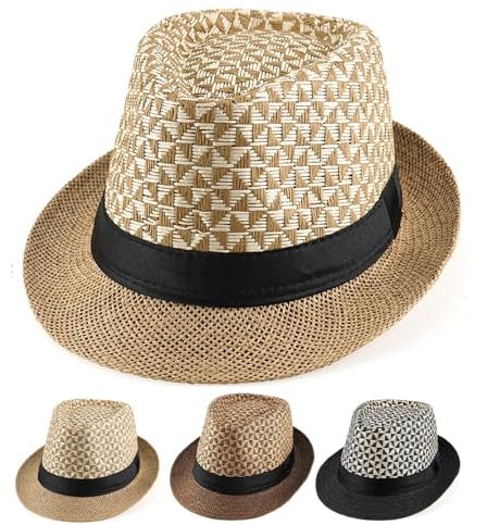Initlove Straw Fedora Hat for Men Short Brimmed Panama Trilby Hat Khaki