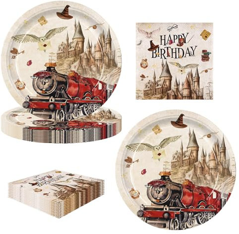 AINIUNIU Decoration Anniversaire Wizard Vaisselle de fete, 40 Pièces Decoration Anniversaire Fete Wizard, Harry Magicien Happy Birthday Papier Assiettes Serviettesr (20 invités, 9 pouces)