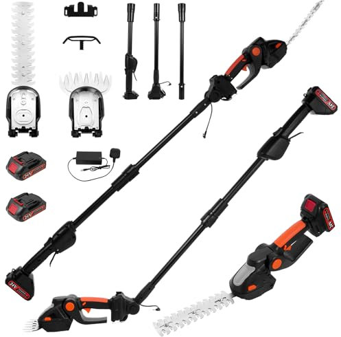 Cordless Hedge Trimmer & Grass Shear, 2 in 1 24V Electric Hedge Cutter, 2.3m Telescopic Hedge Trimmer Cordless Hedge Cutter with Batteries & Charger Lightweight Handheld Cutter for Grass Lawn Shrub