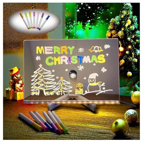 Hazomeu Tableau a Dessin LED avec 7 Stylos Néons et Support Réglable Tablette Lumineuse Dessin Essuyable Boite Lumineuse Message LED,30x20cm