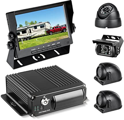 4 Channel 1080P H.265 2 X 512 GB AHD Vehicle Car DVR Video Recorder Loop Record with IR Night Vision Waterproof Front Side Backup Camera 7 inch VGA Monitor for Truck Bus Camper Van
