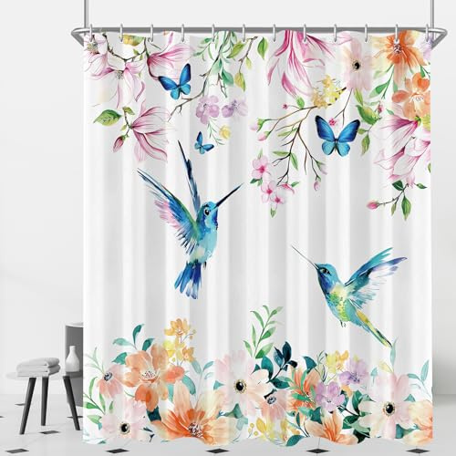 Lerores Duschvorhang 180x200 cm Rosa Blumen Vogel, Beschwerter Saum Antischimmel Textil, Wasserabweisend, Waschbar Polyester Badevorhänge mit 8 Ösen und Duschvorhangringen für Badezimmer, Badewanne