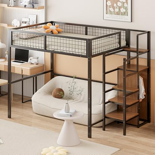 Oxtao Hochbett aus Metall, 140 x 200 cm, mit Kleiderschrank, Multifunktionales Kinderbett für 1 Platz mit Treppe (Schwarz)