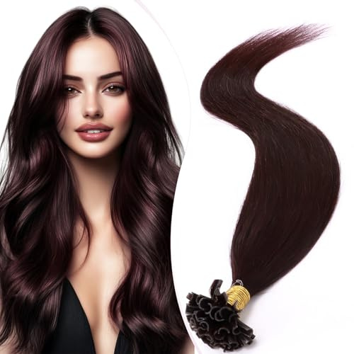 Elailite Echthaar Extensions Bondings Haarverlängerung Rot U-tip Keratin Haar Extension Glatt 25 Strähnen 25g 40cm #99J Weinrot