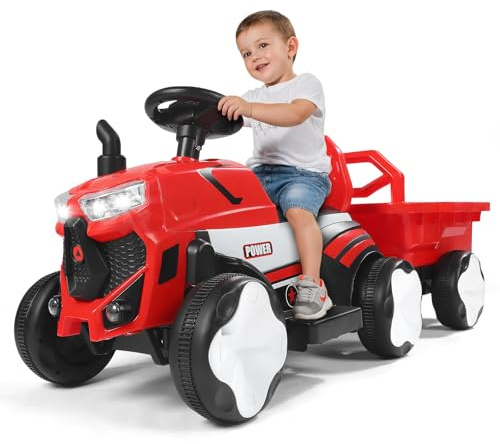 Sicherheits-Upgrade: Kindertraktor mit abnehmbarem Anhänger, Elektrischer Kindertraktor mit Licht, Musik und Kamin, Kinderauto für draußen, Geeignet für Kinder von 3–8 Jahren (Bauernauto – rot)
