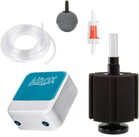 AIROX Fish Tank Filter and Aquarium Air Pump Set – Complete Sponge Filter Kit for Small Fish Tanks – Aquarium Air Pump with Airline Tubing and Internal Sponge Filter – All-in-One Filtration
