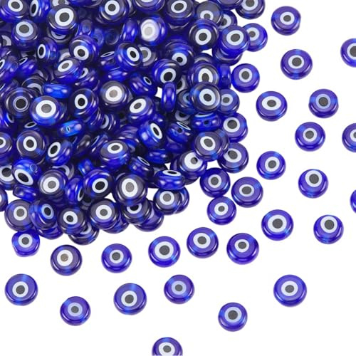 PONABEADIY 1 Box 6MM 260PCS Flat Evil Eye Beads with Hole Turkish Eyes Handmade Lampwork Round Shape Lucky Charms Loose Spacer Bead for Jewellery Making Bracelet Necklace Earrings DIY Crafts Supply