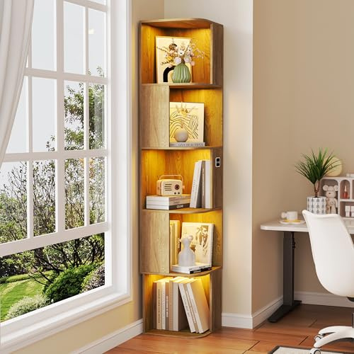 Gurexl 5 Stufiges Bücherregal mit LED Beleuchtung für Aufbewahrung,Holzfarben