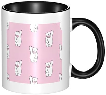 QAZWZML Tazza in ceramica nera con motivo orso polare rosa con manico curvo, adatta per casa, ufficio e ristorante.