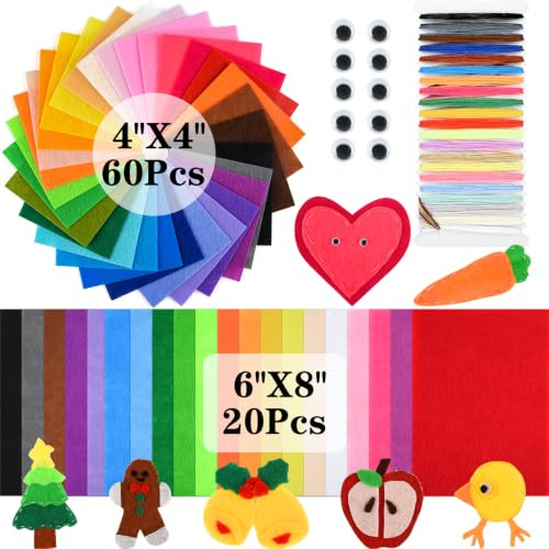NEBURORA 80-teiliges Filzstoff-Bastelset für DIY-Nähprojekte, 2 Größen | 4''x4''+6''x8'', 1 mm dicker, mehrfarbiger Vliesfilzstoff, geeignet für Patchwork-Projekte, Schulprojekte und Partydekoration