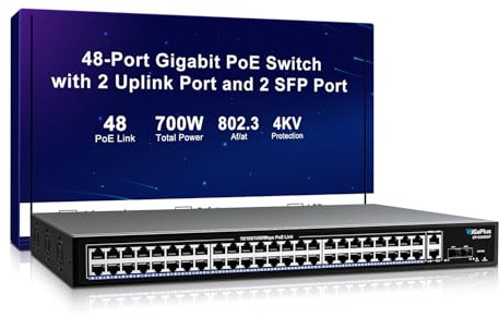 48 Port Gigabit PoE Switch with 2x1000Mbps Uplink, 2x1000Mbps SFP, GiGaPlus 48 Port IEEE802.3af/at PoE @700W, Support VLAN, Metal Housing, Desktop or Wall-Mount, Plug & Play