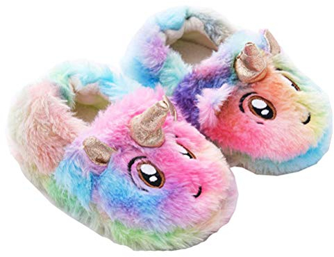 Uniyoung Hausschuhe für Kinder, Mädchen, Regenbogen-Einhorn, Kleinkinder, Winter, Plüsch, warme Indoor-Schuhe, Slipper, Geschenk für 1–6 Jahre alte Mädchen, bunt, 30/31 EU