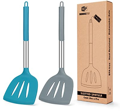 Juego de 2 Espátulas de Silicona, Espátula Antiadherentes Resistente al Calor, Utensilios de Cocina para Servir, Freir, Cocinar Huevos, Peacado, Verduras, Steak, Tortitas