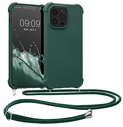 kwmobile Crossbody Case Compatible with Apple iPhone 13 Pro Case - TPU Silicone Cover with Strap - Dark Green