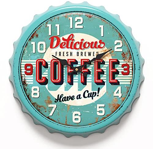 Menterry Bottle Cap Design Iron Retro Wall Clock, 13 inch Vintage Craftsmanship Style, Silent Non-Ticking Battery Operated Creative Decor Wall Clocks for Cafes,Farmhouse,Office,Kitchen,Home (Blue)