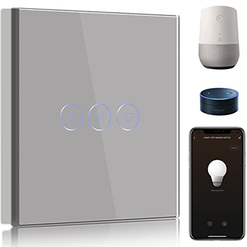 BSEED Smart Dimmer Lichtschalter 1 Fach 1 Weg Wifi Smart Led Dimmer Lichtschalter arbeitet mit Amazon Alexa,Touch Wandschalter Glas Touchscreen-schalter Grau(Erforderlich NeutralDraht)