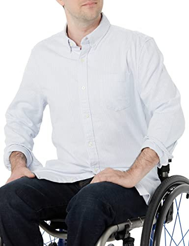 Amazon Essentials Men's Regular-Fit Long-Sleeved Stretch Oxford Shirt with Pocket (Available in Big & Tall), Powder Blue Vertical Stripes, XL