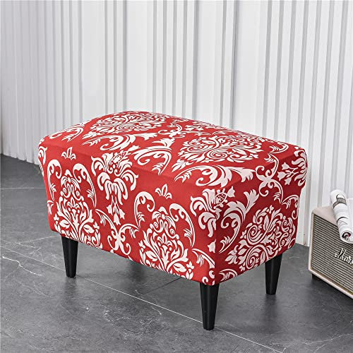 Highdi Ottomane Schonbezug Hockerbezug, Stretch Stilvoller Druck Bezug für Rechteckig Fußhocker, Schonbezug für Hocker Elastisch Antirutsch Abnehmbarer Sofa Fußhocker Bezug (Rot Barock)