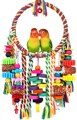 Bird Toys Bird Rope Ring Swing Perch with Corn Cob Cardboard Bagels Wooden Blocks Chewing Toys for Parakeets,Conure,Lovebirds,Finches And Other Small to Medium-sized Birds
