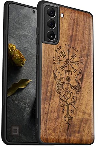 Carveit Coque pour Galaxy S22 Étui de Protection [Élégant Noyer] [Pare-Chocs en TPU Souple] Coque de Téléphone Antichoc Compatible avec Samsung S22 Coque Bois (Viking Compas)