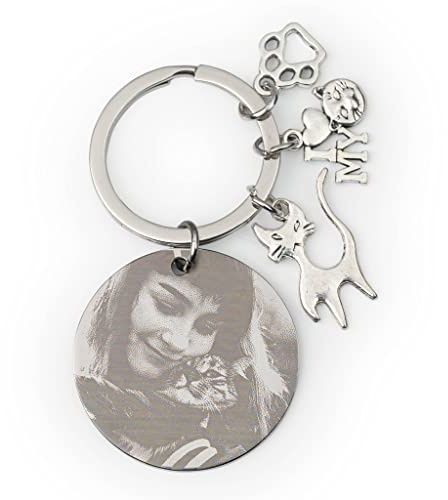 Wanapix | Porte-clés Photo Personnalisé | Chat| Porte-clés Gravé avec Photo | Cadeau Original | Acier Inoxydable | Porte-clés Gravé avec des Charms de chat