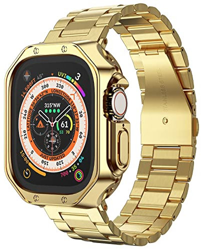 Compatible with Apple Watch Ultra 2 Band and Case, Stainless Steel Metal Chain with TPU Cover, Smart-Watch Link Bracelet Strap for men, Wrist-Band for i-Watch Ultra, 49mm, Gold