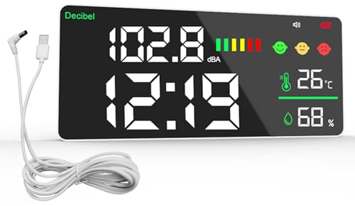Misuratore di Livello Sonoro da Appendere a Parete 30~130dB Misuratore di Livello Sonoro 11 LED Fonometro Misuratore Decibel/Temperatura/Umidità con Indicatore, Fonometro ricaricabile e USB Cavo