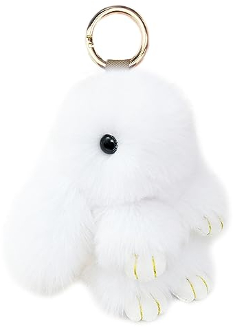 Xsclpomddy Porte-clés lapin mignon en peluche avec pompons, sac à main, décoration de clé de voiture, blanc, 15 cm