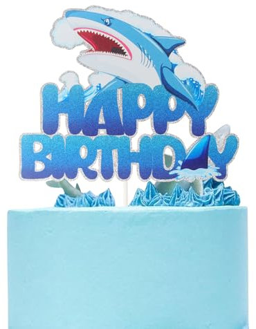 Blue Glitter Shark Happy Birthday Cake Topper,Ocean Sea Animal Theme Baby Shower Party Supplies,Under the Sea Shark Cake Decorations