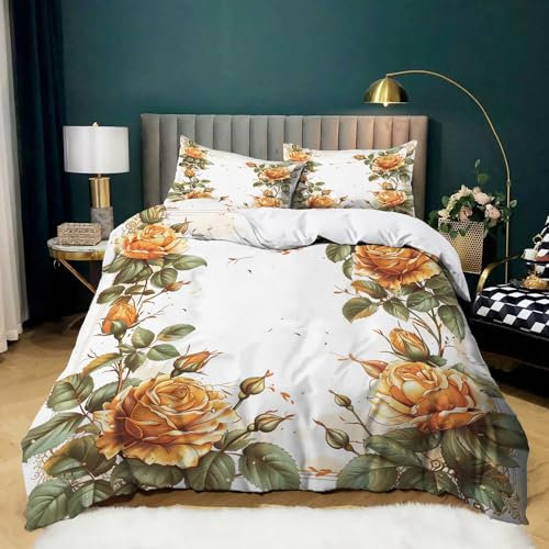 Luxurious Bedding Yellow Rose Flower Theme Super King Size Duvet Cover Set with 2 Pillow cases - Soft Easy Care Bedding Set for Boys Girls Children Teens Bedding