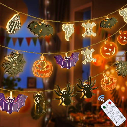 Joellfuner Halloween Lichterkette, 3M 20 LED Halloween Deko Lichterkette, Lichterkette Halloween mit Fernbedienungen Timer Funktion, 8 Modes Lichterketten, Halloween Innen Außen Party Deko