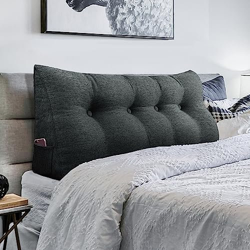 BNCKTRD Kopfende Großes Rückenkissen, Bequemes Lesekissen und Rückenteil im Bett, 2 in 1 Rückenlehne und Kopfkissen, Langes XXL Kissen für Sofa, Couch, Wand und Polster Leinen Anthrazit 120cm