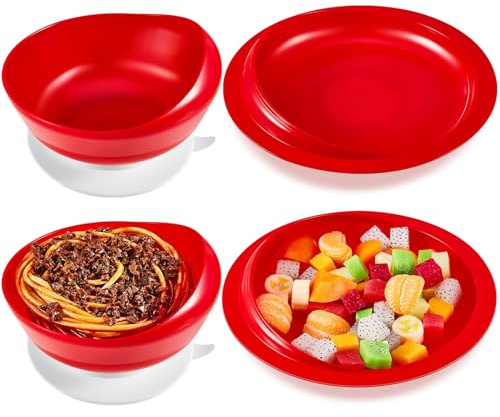 Spill Proof Scoop Plate and Bowl with Suction Base, Suction Cup Bowl, Parkinsons Aids for Living, Adaptive Dinnerware Feeding Aids for Elderly and Disabled (One Plate+one Bowl,red)