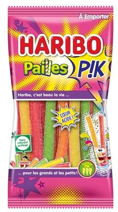 HARIBO - Paille PIK - Bonbons Piquants - Goûts Tropical/Passion, Fraise/Citron, Iced Tea Pêche & Cola - Sans Colorants Artificiels - 10 x 90 g